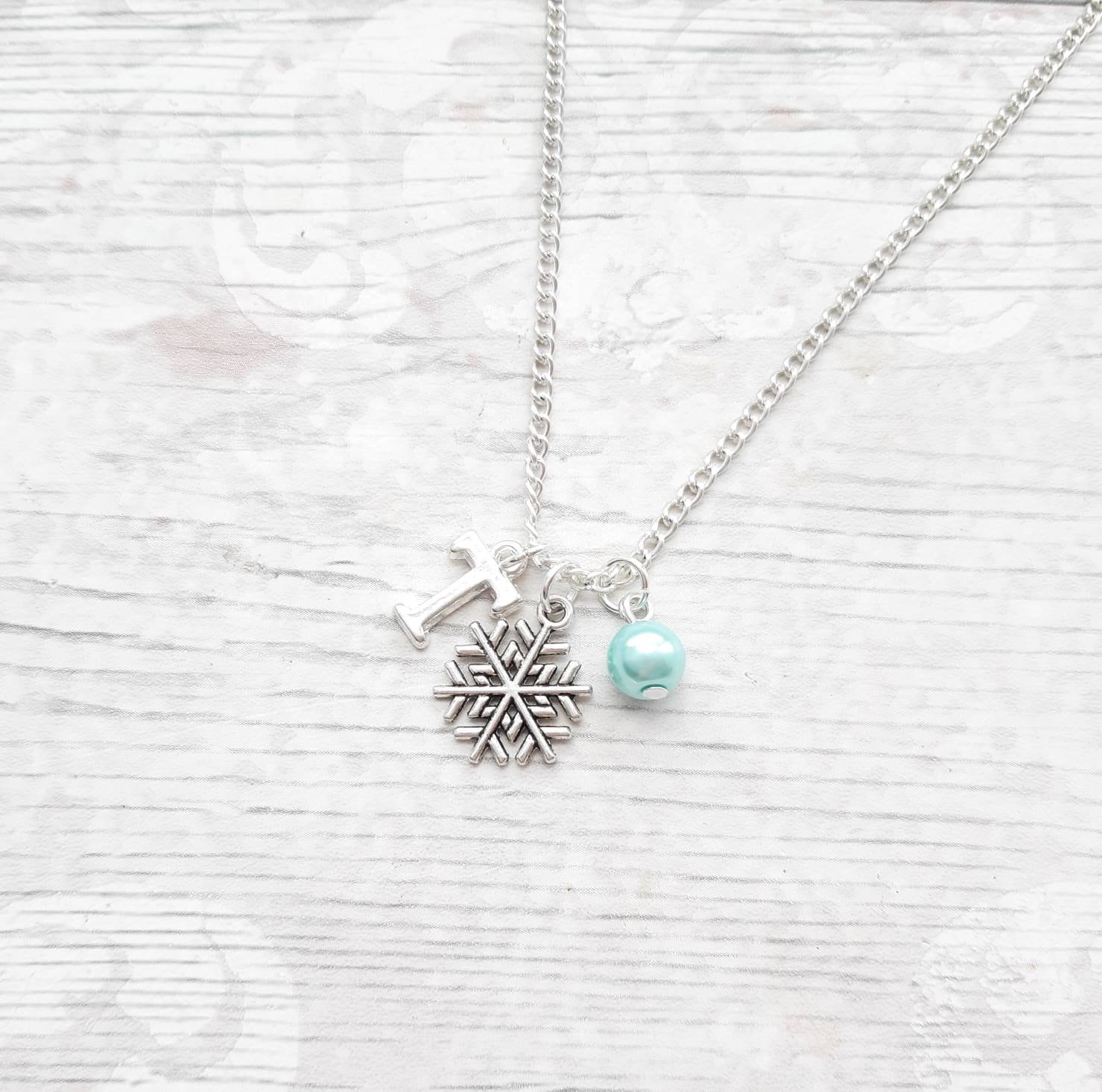 Personalised snowflake necklace, initial necklace, icey winter jewellery, holiday present, festive stocking stuffer, snow jewelry