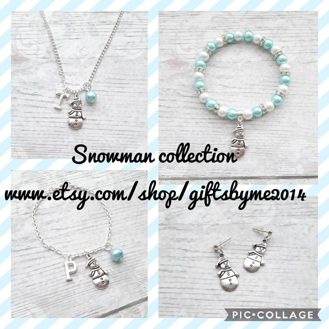snowman initial necklace, Christmas jewellery, holiday festive necklace, stocking stuffer