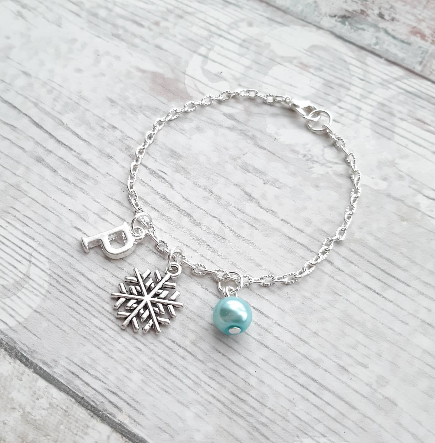 snowflake initial charm bracelet, Christmas jewellery, festive winter jewelry, stocking filler for girls