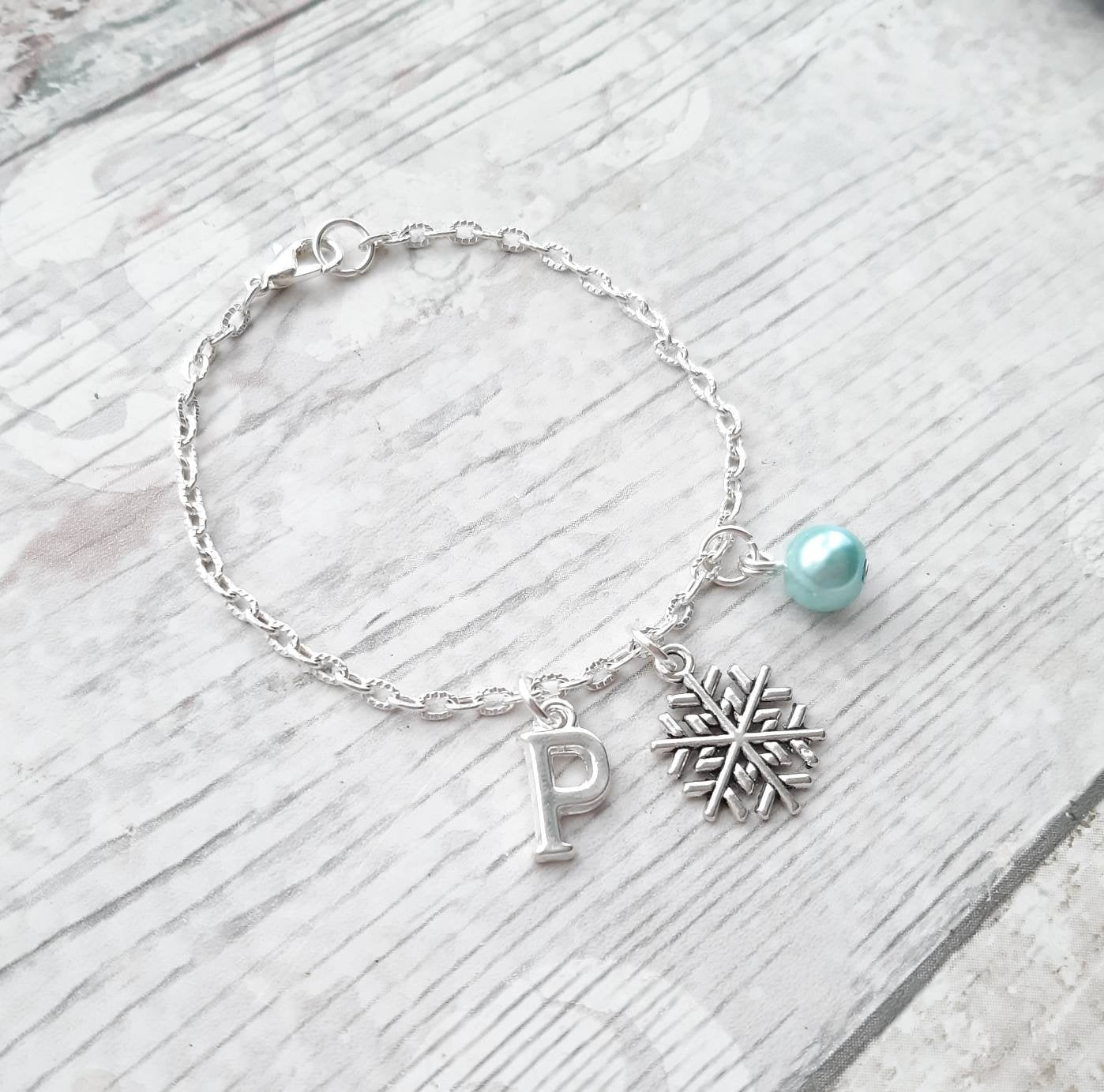 snowflake initial charm bracelet, Christmas jewellery, festive winter jewelry, stocking filler for girls