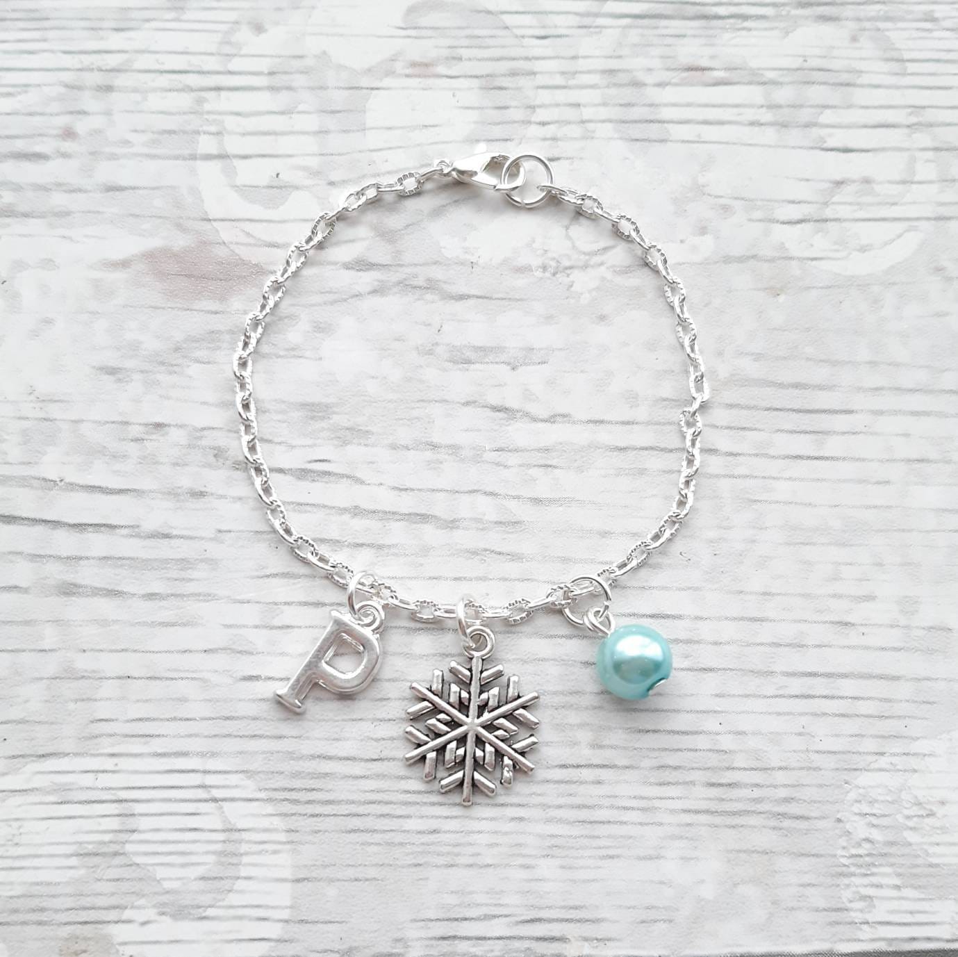 snowflake initial charm bracelet, Christmas jewellery, festive winter jewelry, stocking filler for girls