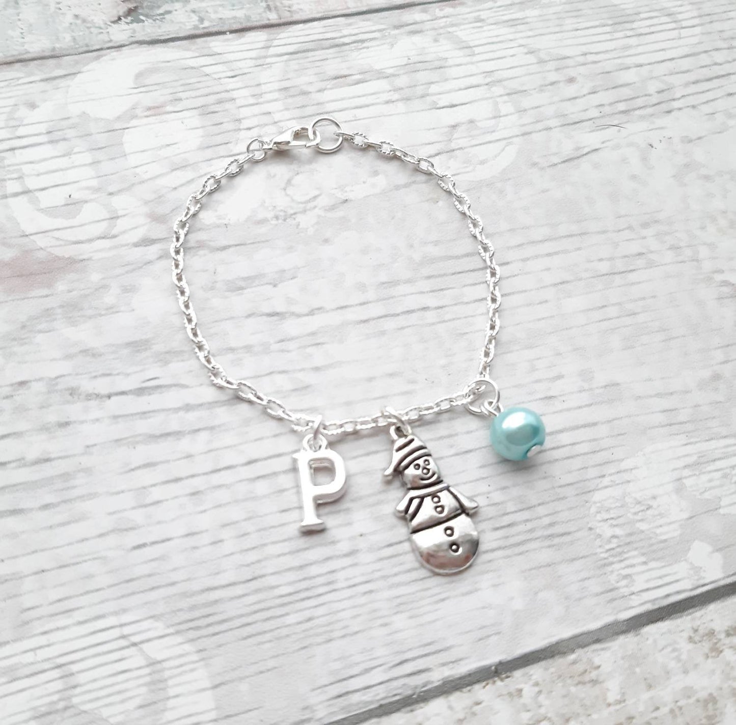 Snowman charm bracelet, personalised initial jewellery, Christmas snow jewellery, festive winter jewelry, stocking filler for girls