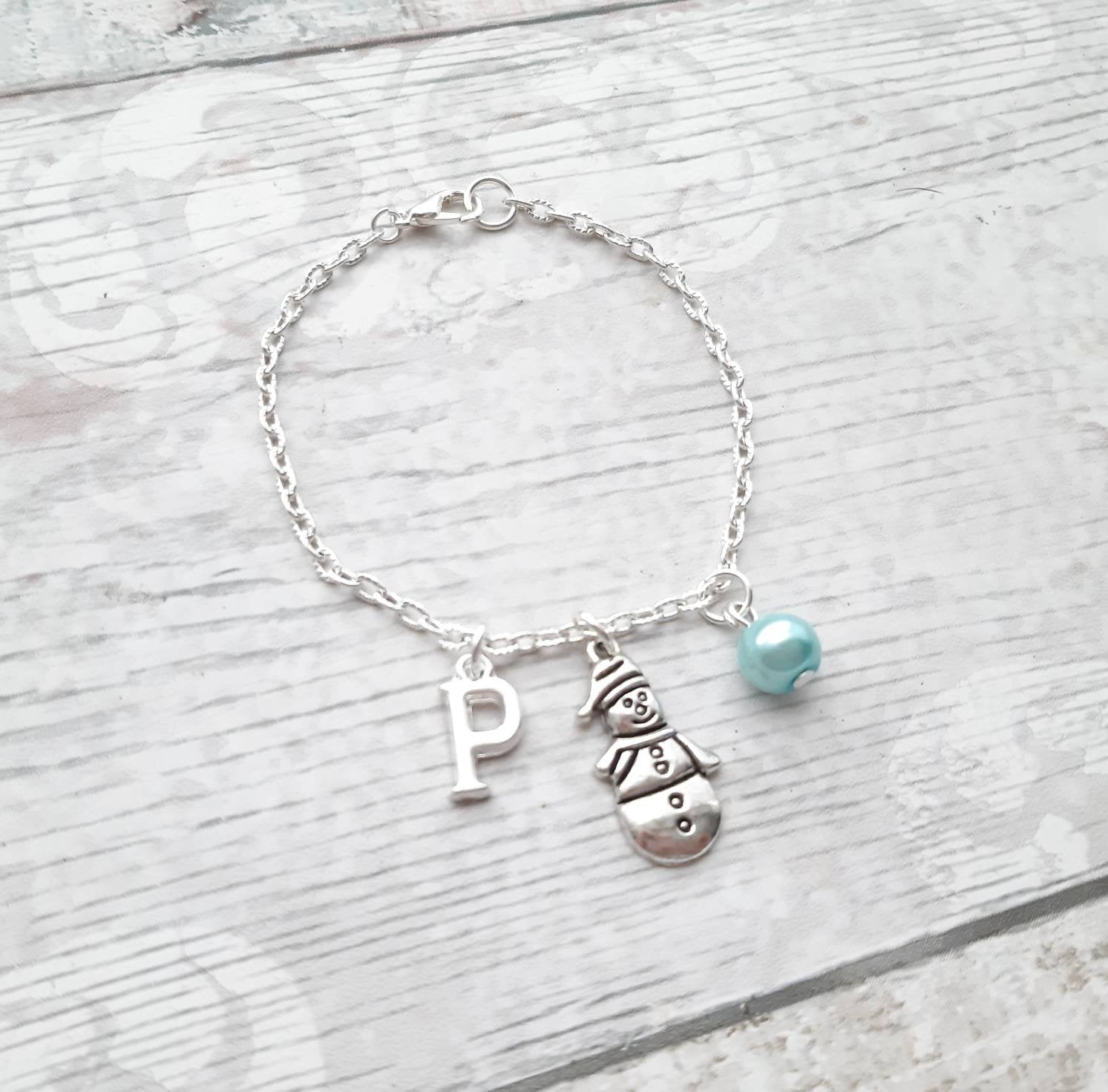Snowman charm bracelet, personalised initial jewellery, Christmas snow jewellery, festive winter jewelry, stocking filler for girls