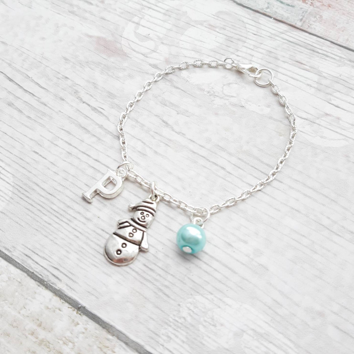 Snowman charm bracelet, personalised initial jewellery, Christmas snow jewellery, festive winter jewelry, stocking filler for girls