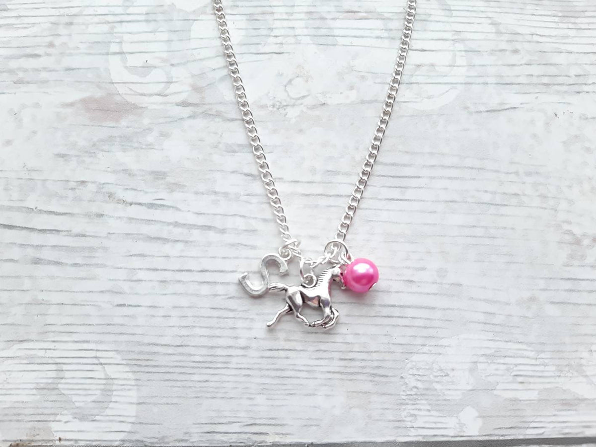 galloping horse necklace, personalised equestrian jewelry, initial jewellery, alphabet letter necklace, birthstone necklace