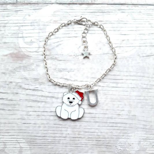 polar bear bracelet, festive personalised jewellery, initial jewelry, animal bracelet, cute christmas gift, bear lover present