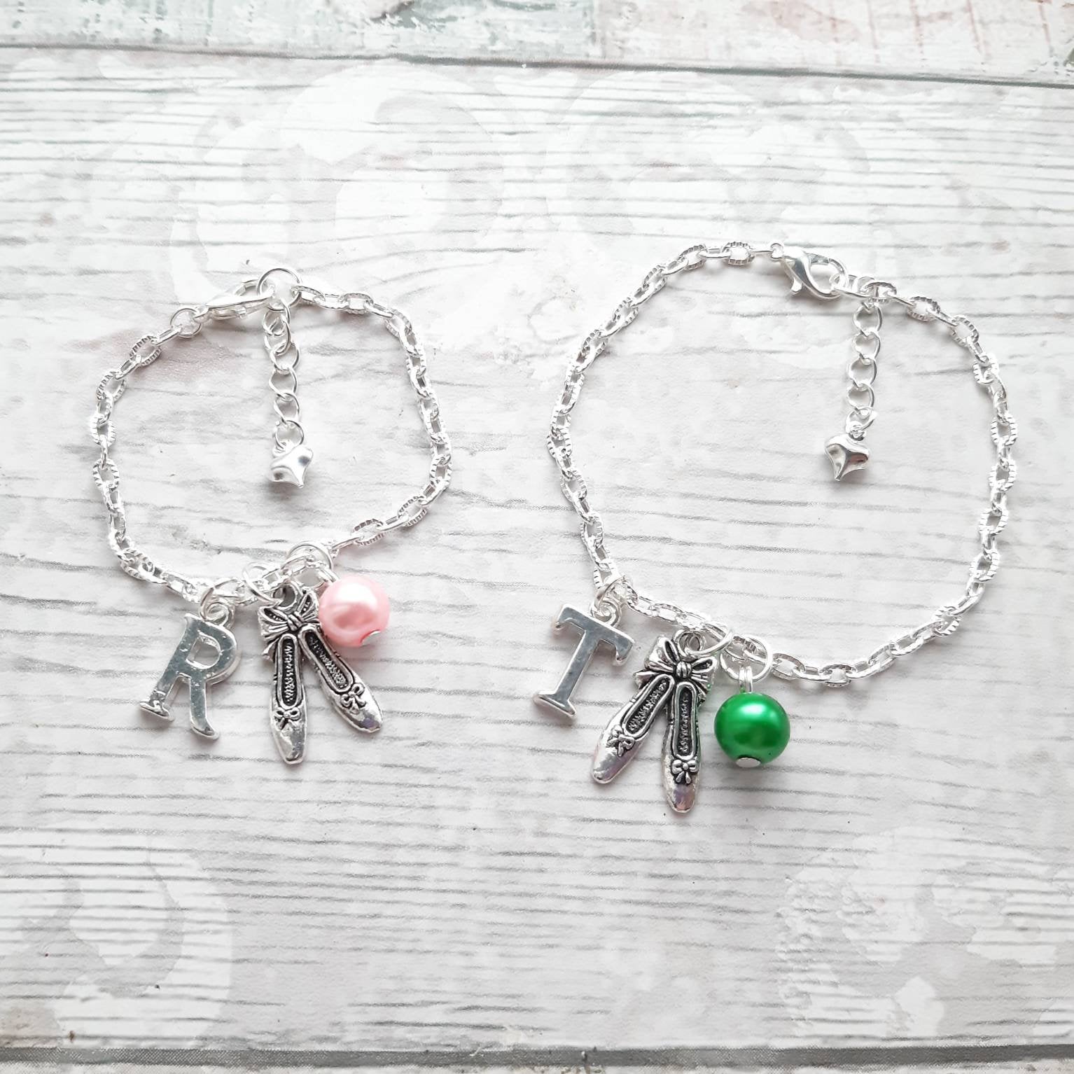 Ballet shoe bracelet, ballerina slipper jewellery, dance jewelry, personalised present, initial bracelet, dancer present, gifts for girls