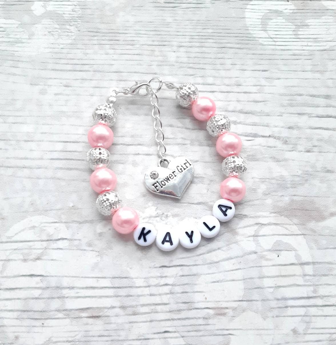 flower girl bracelet, bridesmaid bracelet, name wedding bracelet, personalised jewellery, maid of honour gift, thankyou present