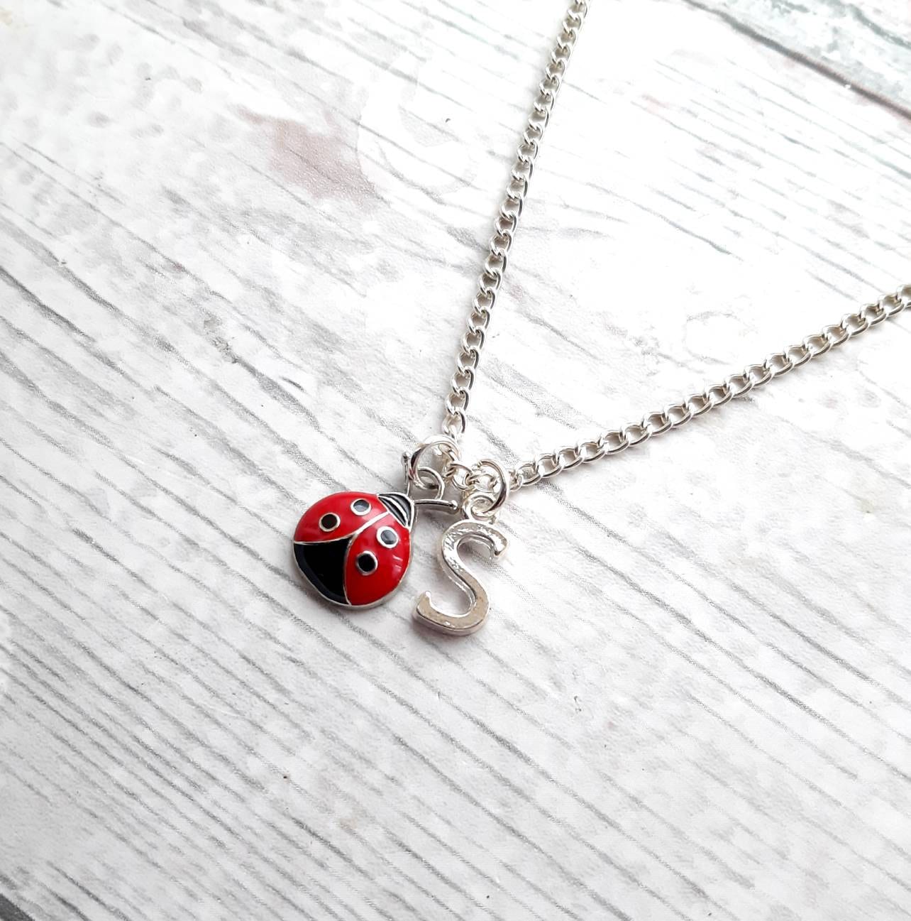 ladybird necklace, personalized initial jewelry, insect necklace, ladybug gift, bug lover present, mothers day gift