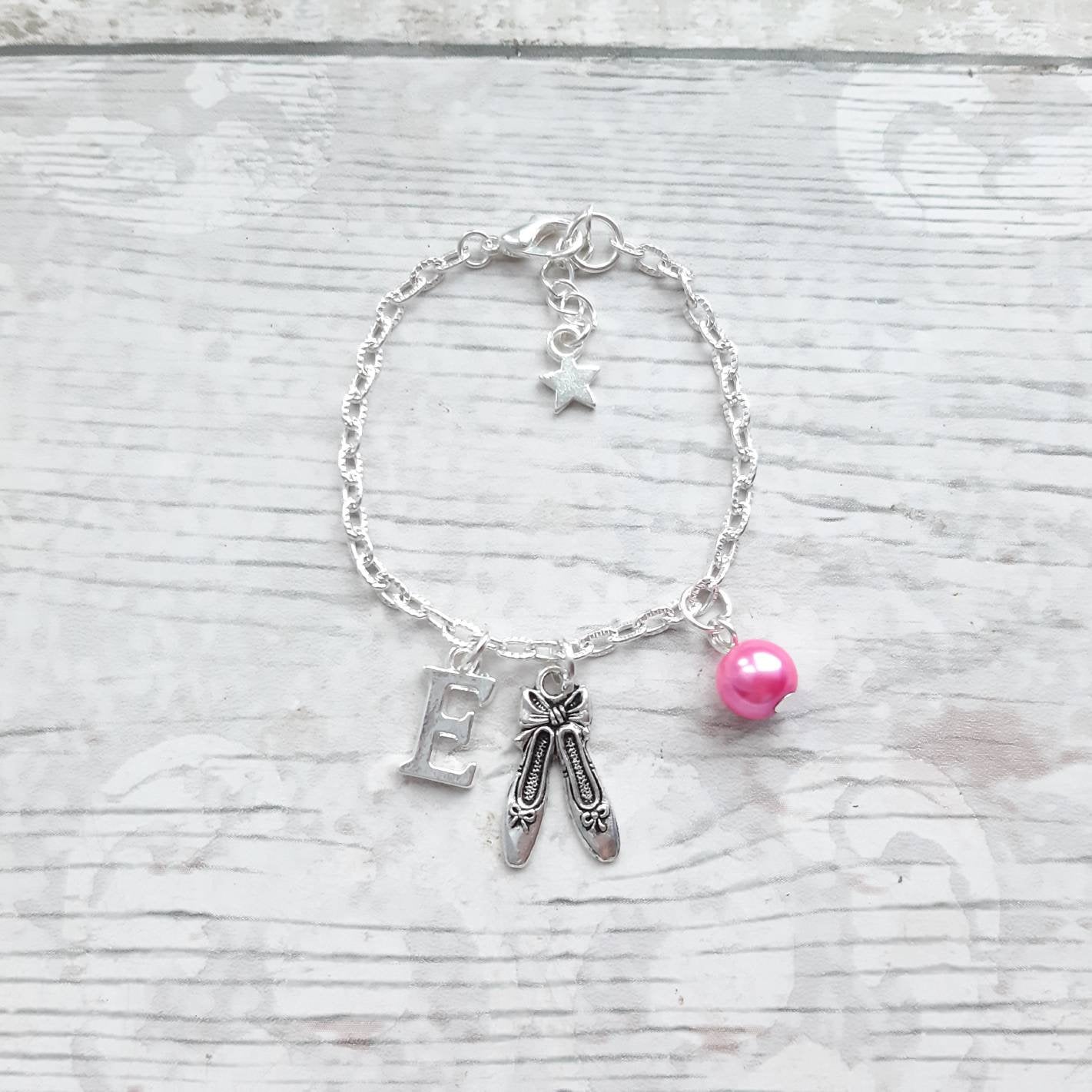 Ballet shoe bracelet, ballerina slipper jewellery, dance jewelry, personalised present, initial bracelet, dancer present, gifts for girls