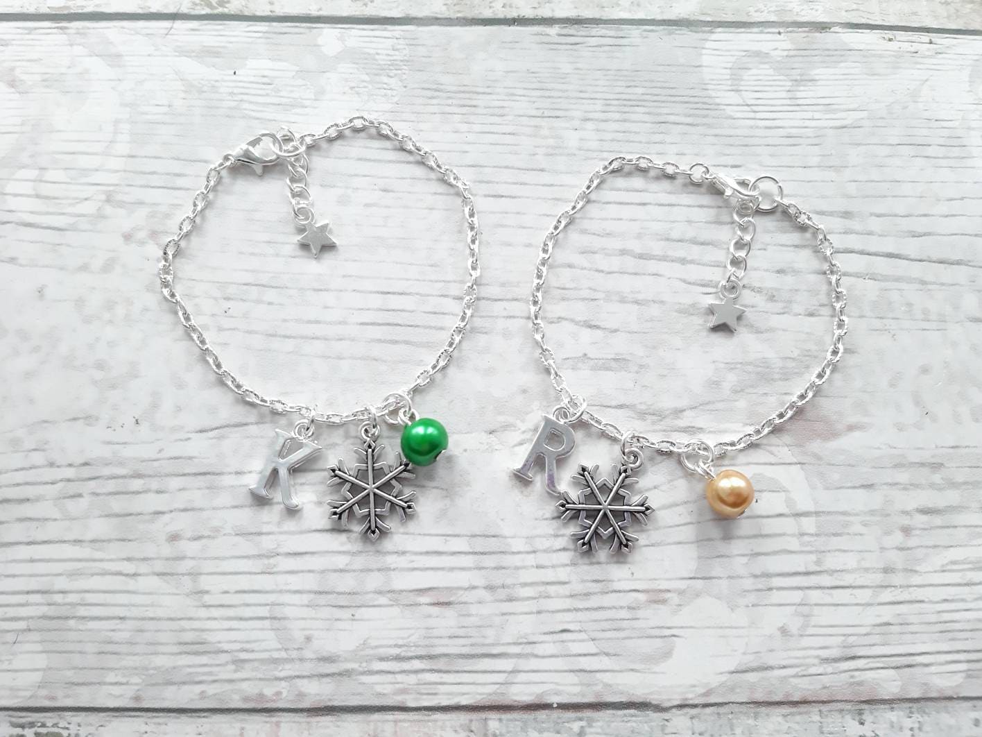 snowflake initial charm bracelet, Christmas jewellery, festive winter jewelry, stocking filler for girls