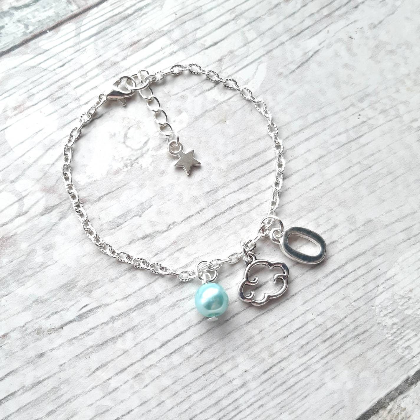 Cloud bracelet, personalised initial bracelet, summer weather jewellery, friendship present, cute dainty bracelet