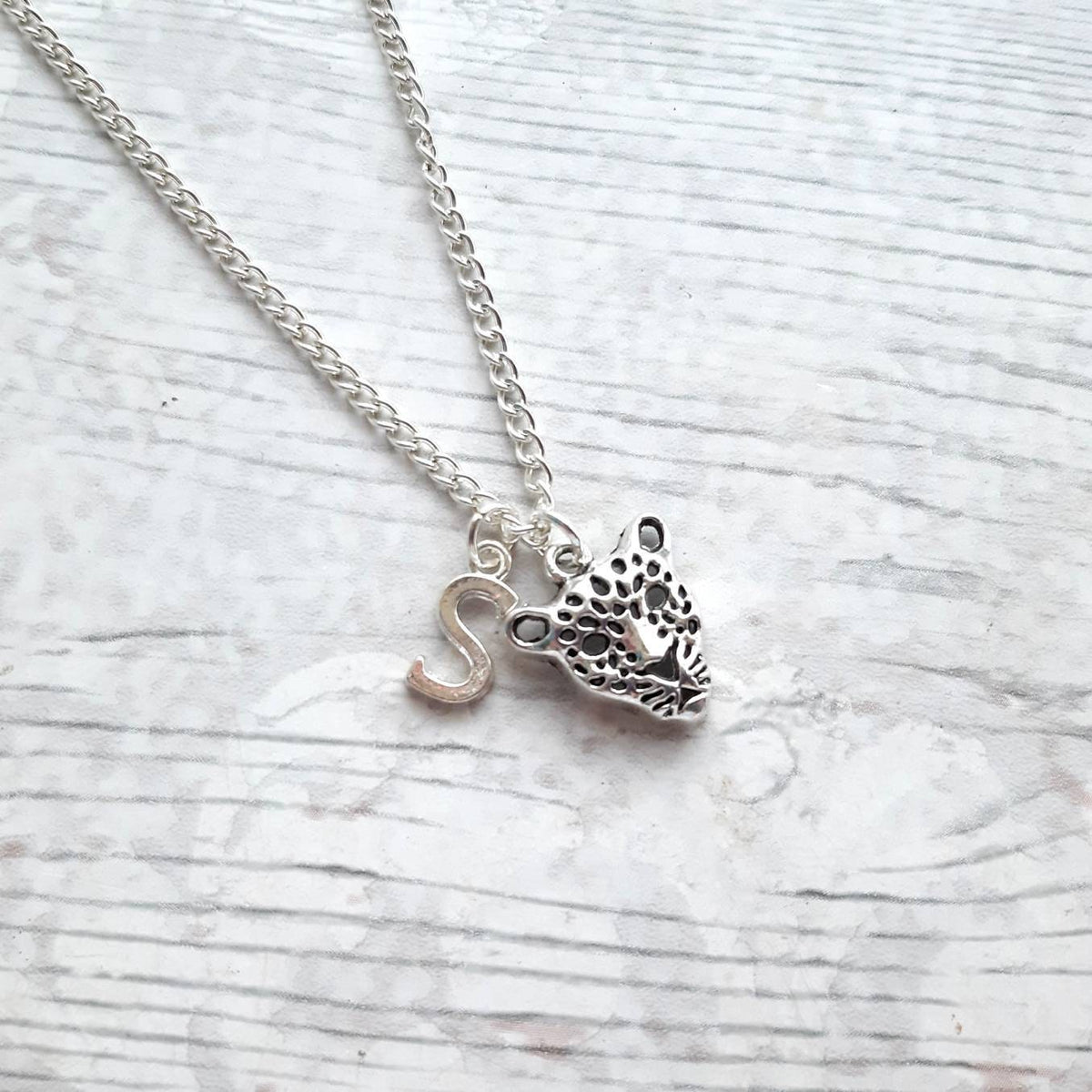 leopard necklace, cheetah necklace, cat jewellery, animal lover present, panther gift, personalised initial necklace
