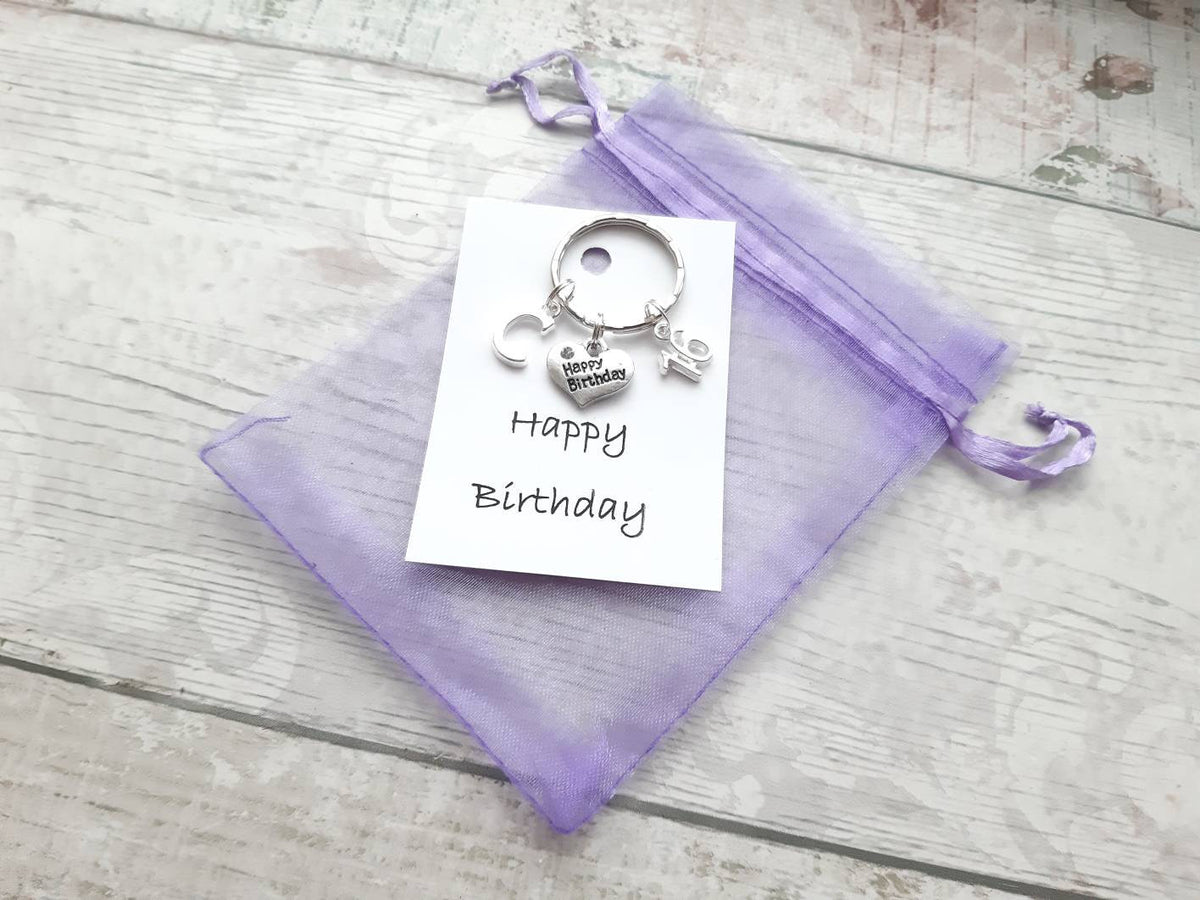 Happy birthday keyring, initial keychain, birthday keepsake, 18th 21st 30th 40th 50th 60th 70th birthday present, sweet sixteen gift