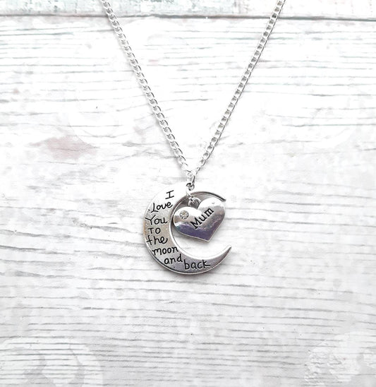mum necklace, love you to the moon and back necklace, nan present, mothers day gift, crescent moon jewellery, Luna necklace