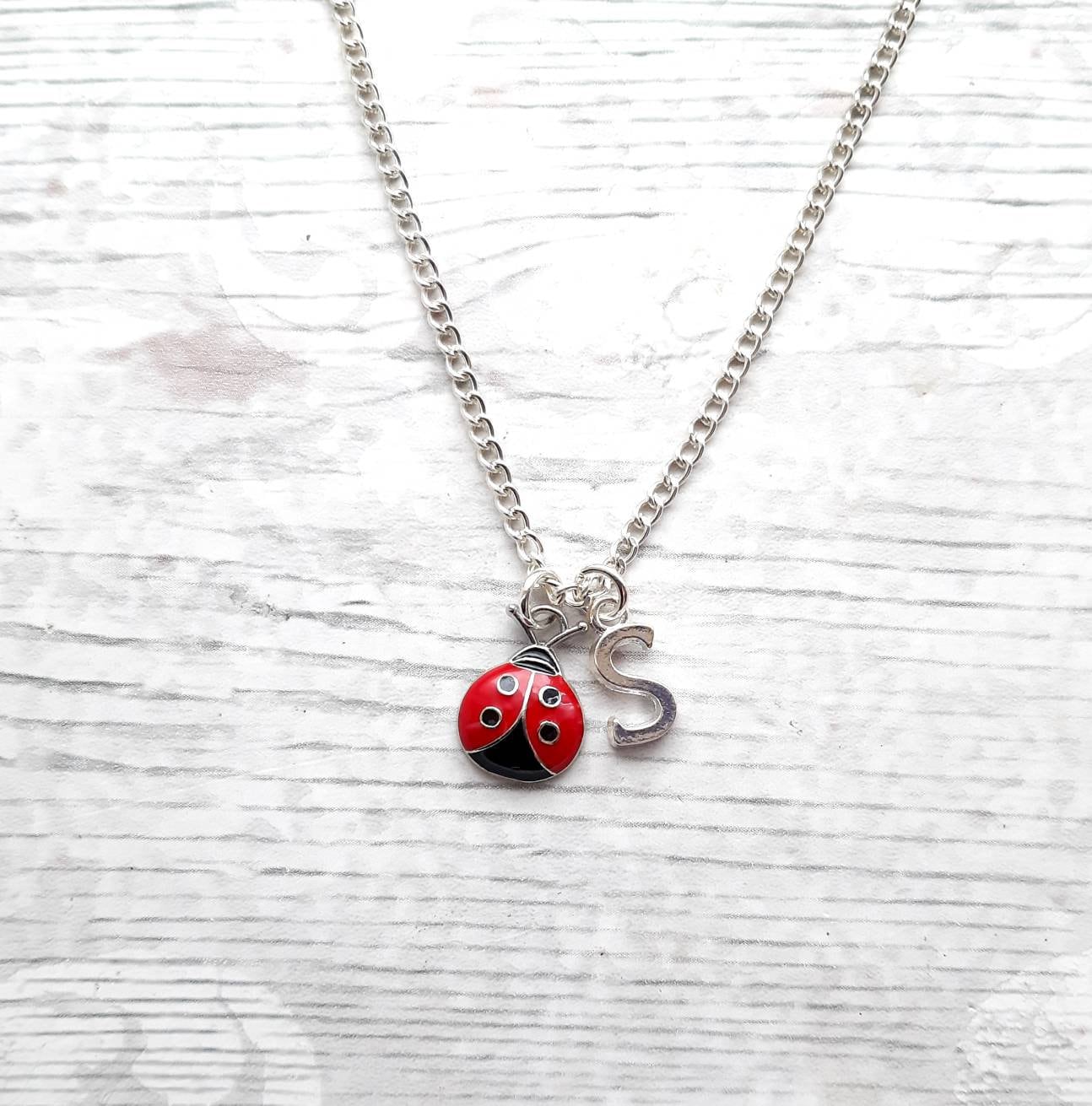 ladybird necklace, personalized initial jewelry, insect necklace, ladybug gift, bug lover present, mothers day gift