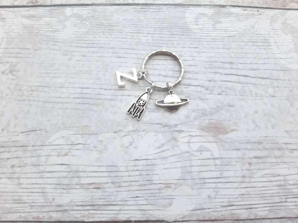 Rocket ship keychain, personalised spaceship keychain, initial keyring, planet keyring, astronaut space present, galaxy gift