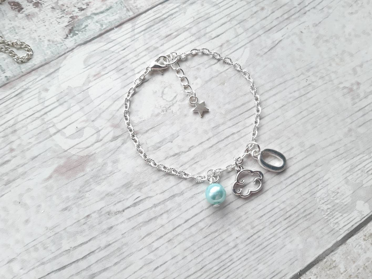 Cloud bracelet, personalised initial bracelet, summer weather jewellery, friendship present, cute dainty bracelet
