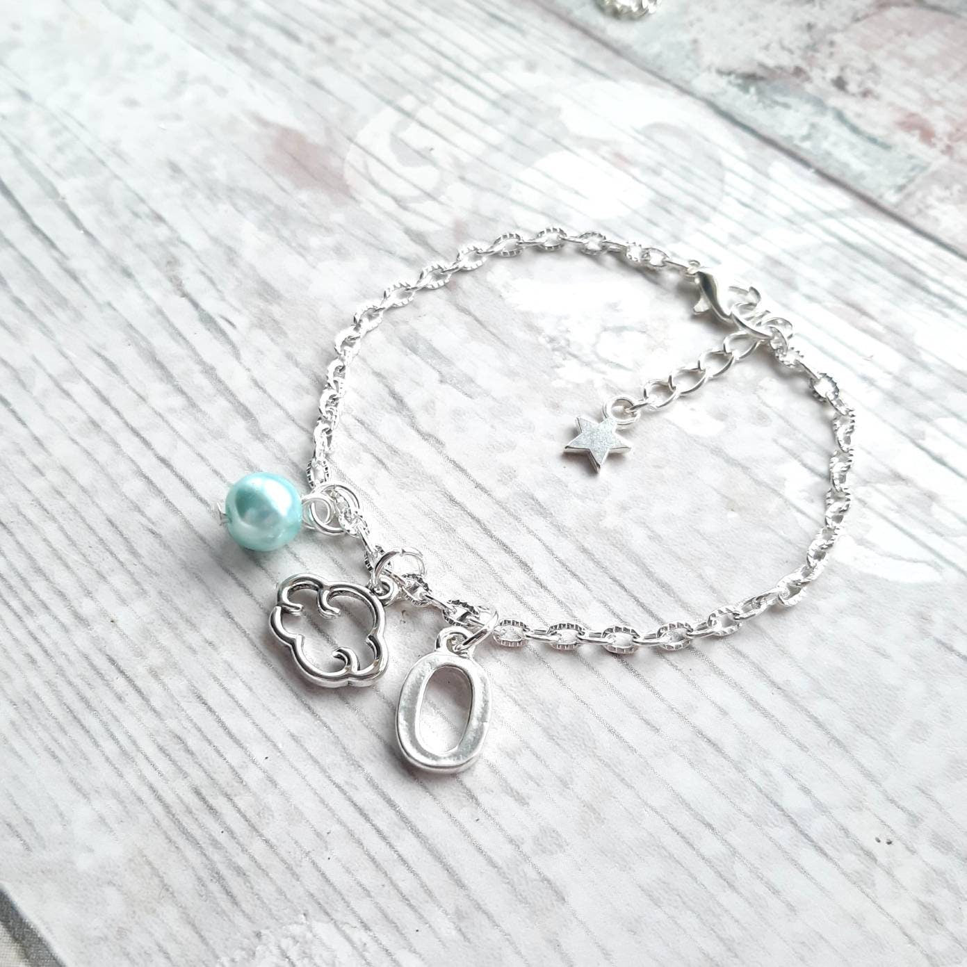 Cloud bracelet, personalised initial bracelet, summer weather jewellery, friendship present, cute dainty bracelet