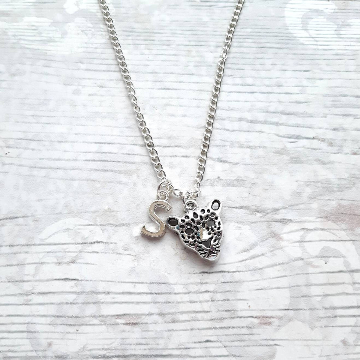 leopard necklace, cheetah necklace, cat jewellery, animal lover present, panther gift, personalised initial necklace