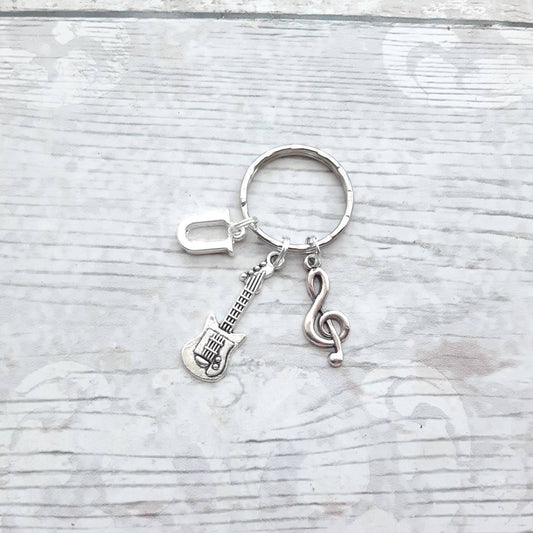 Guitar initial keyring, music note keychain, musician present, gift for teacher, teacher appreciation, graduation gift, music instrument