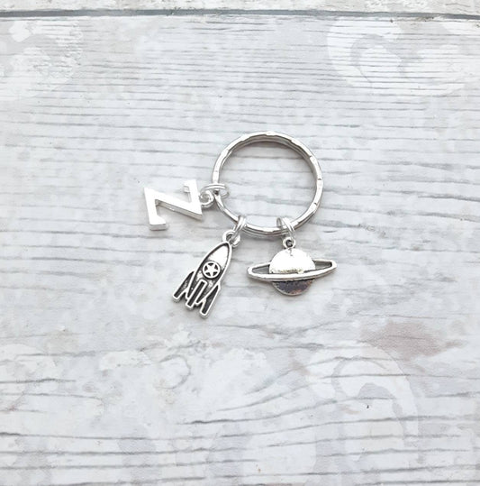 Rocket ship keychain, personalised spaceship keychain, initial keyring, planet keyring, astronaut space present, galaxy gift