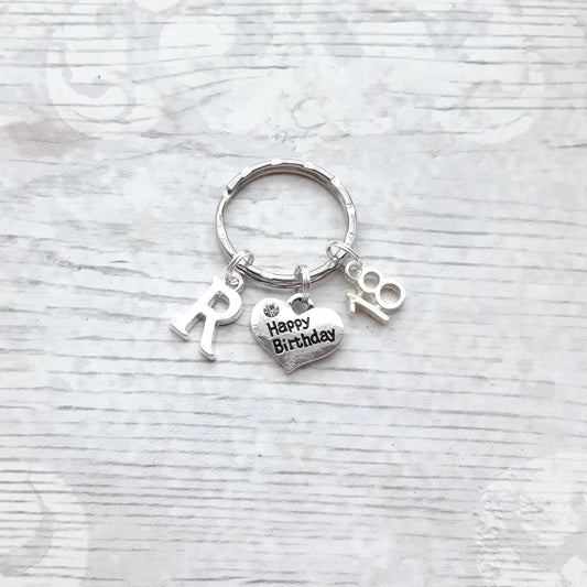 Happy birthday keyring, initial keychain, birthday keepsake, 18th 21st 30th 40th 50th 60th 70th birthday present, sweet sixteen gift