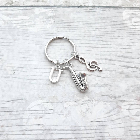 Saxophone initial keyring, music note keychain, musician present, gift for teacher, teacher appreciation, graduation gift, music instrument