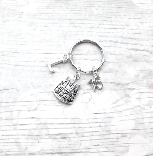 Happy birthday keyring, initial keychain, birthday keepsake, 18th 21st 30th 40th 50th 60th 70th birthday present, sweet sixteen gift