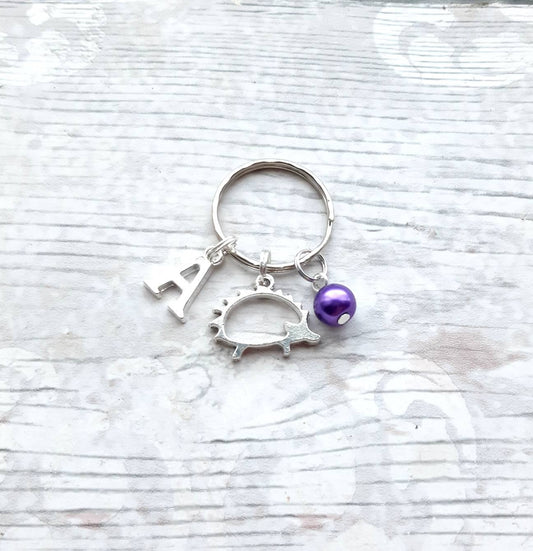 Hedgehog keyring, initial personalised keychain, animal lover gift, autumn woodland accessory, nature present