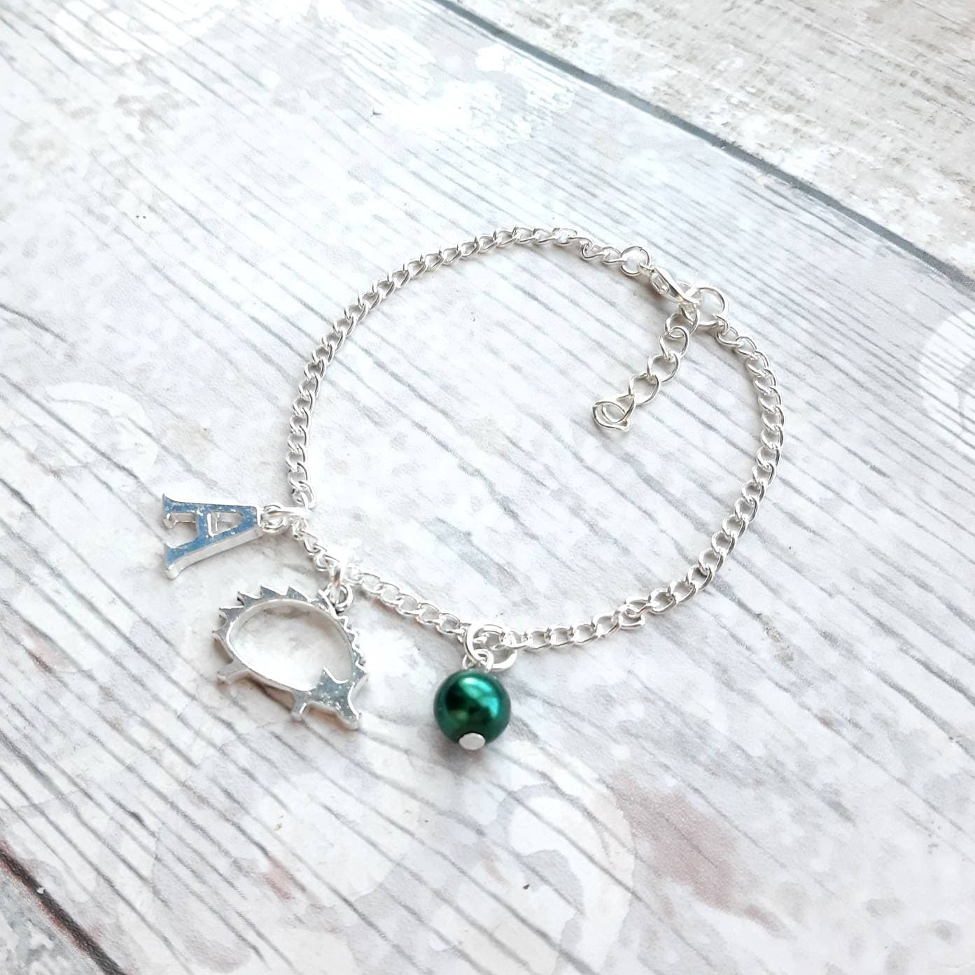 Hedgehog bracelet, personalised initial bracelet, nature jewellery, animal lover gift, woodland present