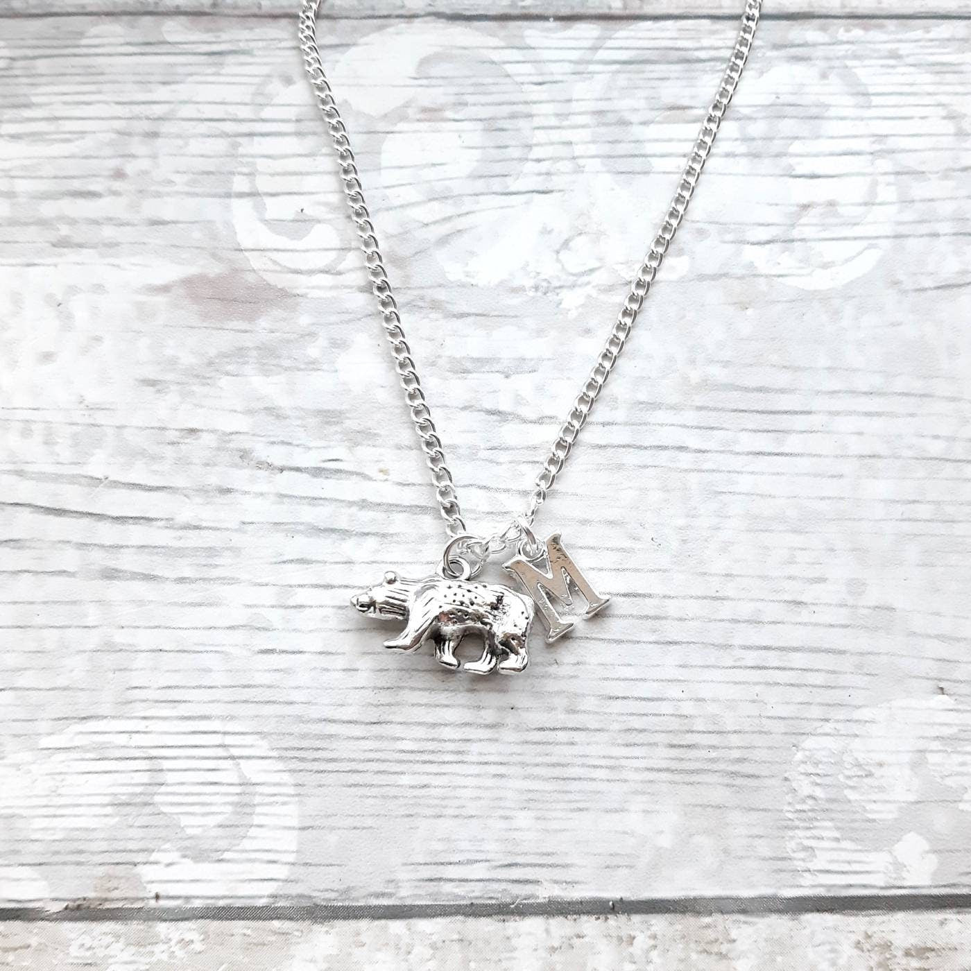 Bear necklace, personalised initial jewelry, animal necklace, bear lover present, mothers day, gift for mum
