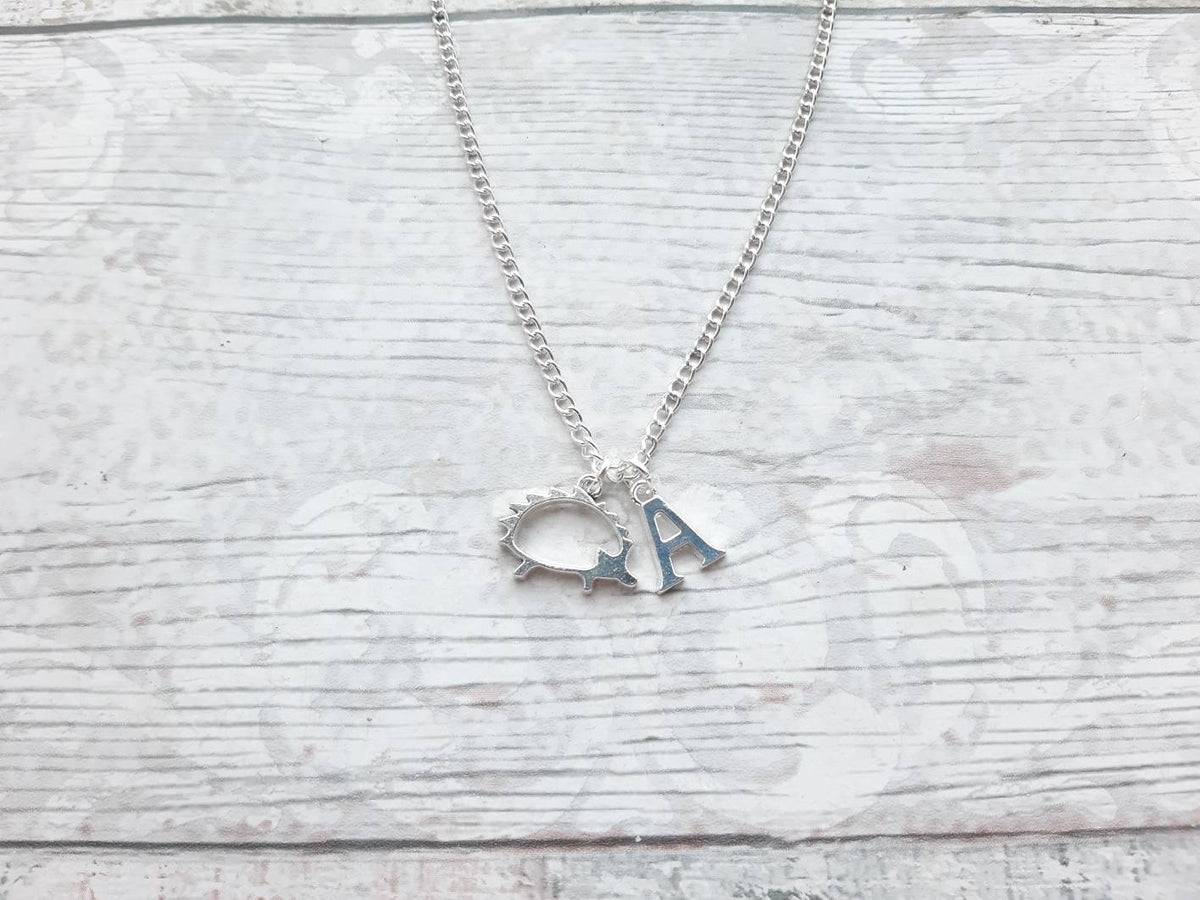 hedgehog necklace, personalised initial necklace, autumn jewellery, nature lover gift, woodland necklace