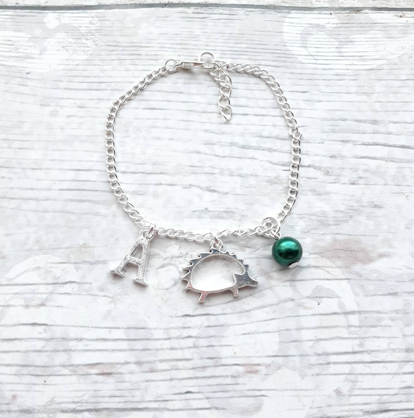 Hedgehog bracelet, personalised initial bracelet, nature jewellery, animal lover gift, woodland present