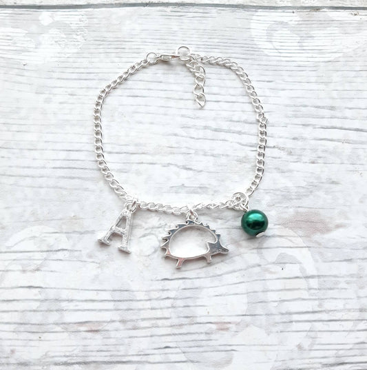 Hedgehog bracelet, personalised initial bracelet, nature jewellery, animal lover gift, woodland present