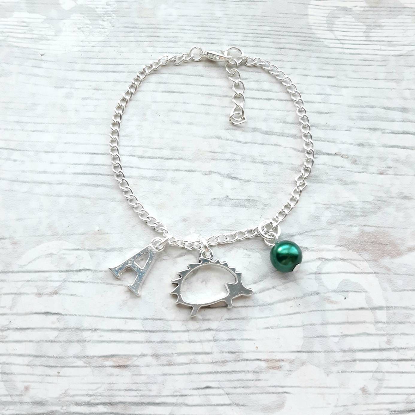 Hedgehog bracelet, personalised initial bracelet, nature jewellery, animal lover gift, woodland present