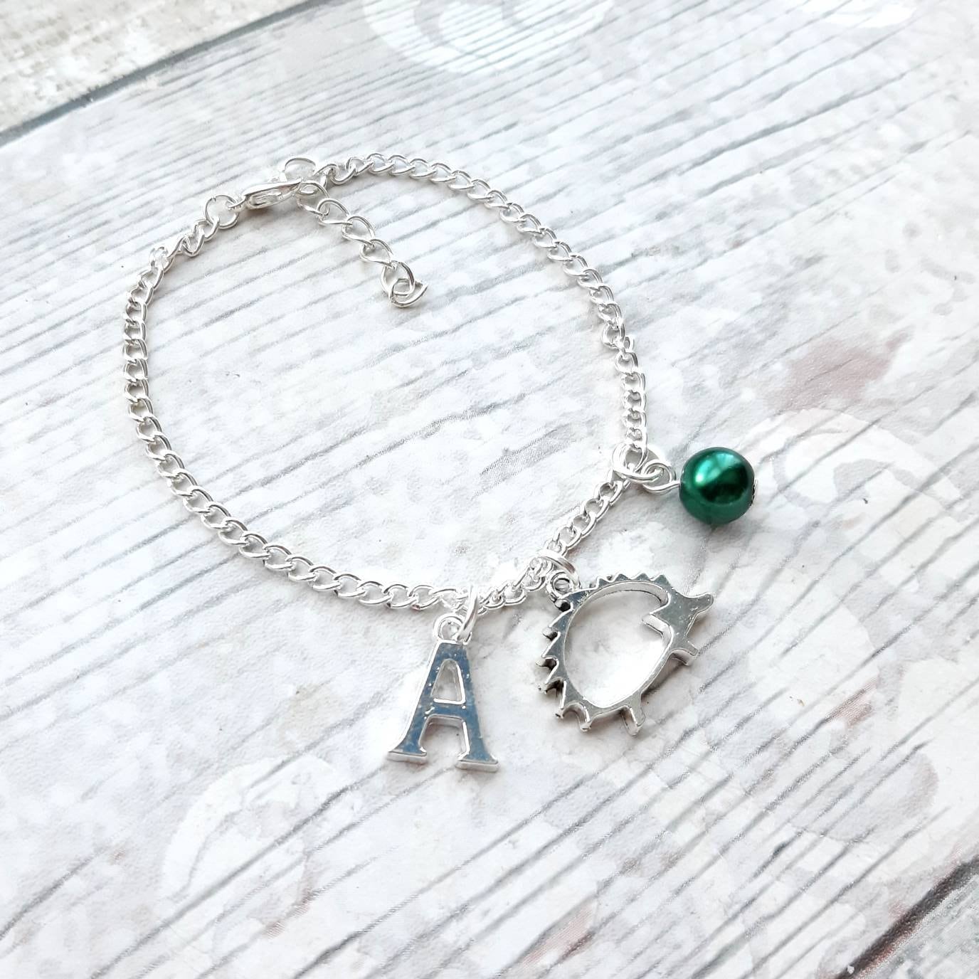 Hedgehog bracelet, personalised initial bracelet, nature jewellery, animal lover gift, woodland present