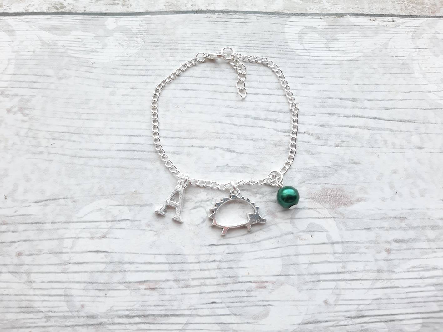 Hedgehog bracelet, personalised initial bracelet, nature jewellery, animal lover gift, woodland present