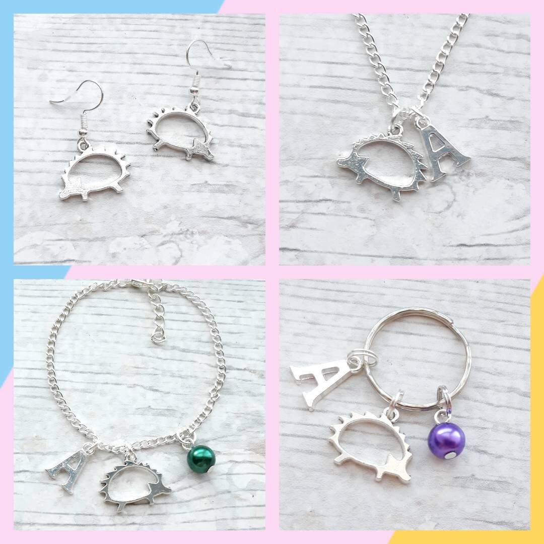 Hedgehog bracelet, personalised initial bracelet, nature jewellery, animal lover gift, woodland present