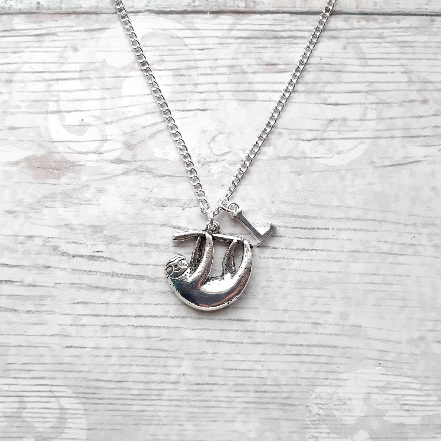 sloth necklace, personalised jewellery, personalized initial jewelry, animal necklace, cute sloth gift, sloth lover present, mothers day