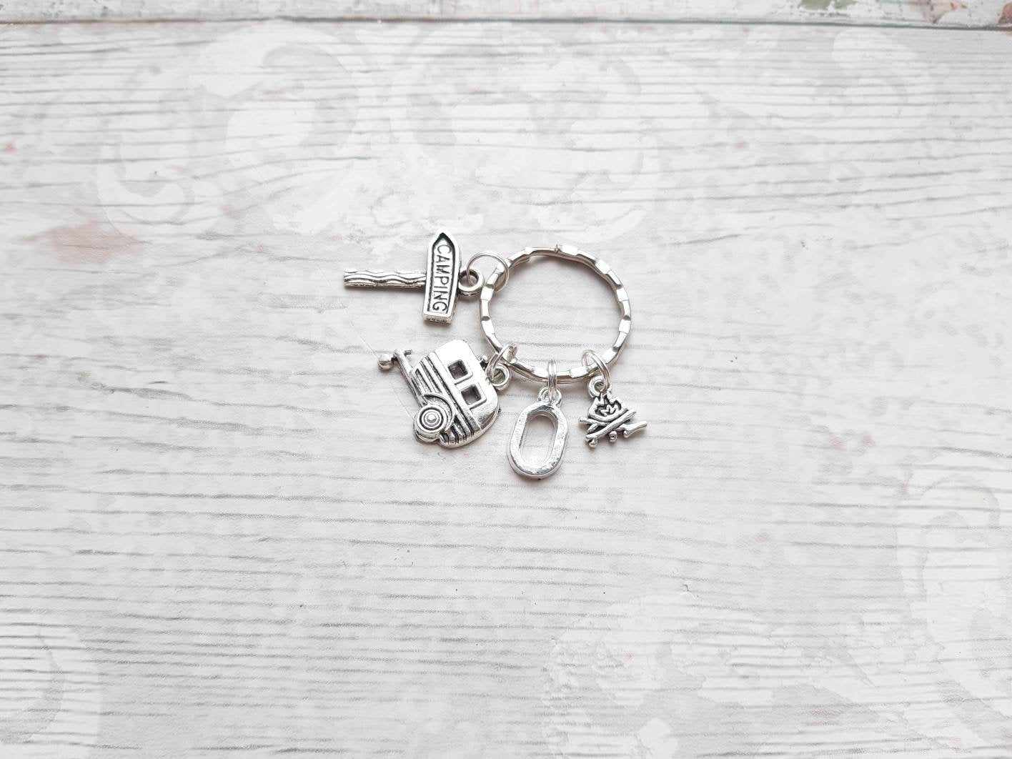 Camping trip keyring, camper van keychain, caravan gift, campfire present, family holiday keepsake