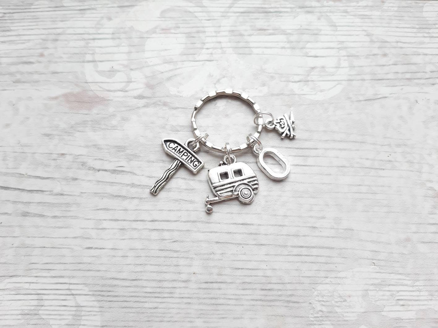 Camping trip keyring, camper van keychain, caravan gift, campfire present, family holiday keepsake