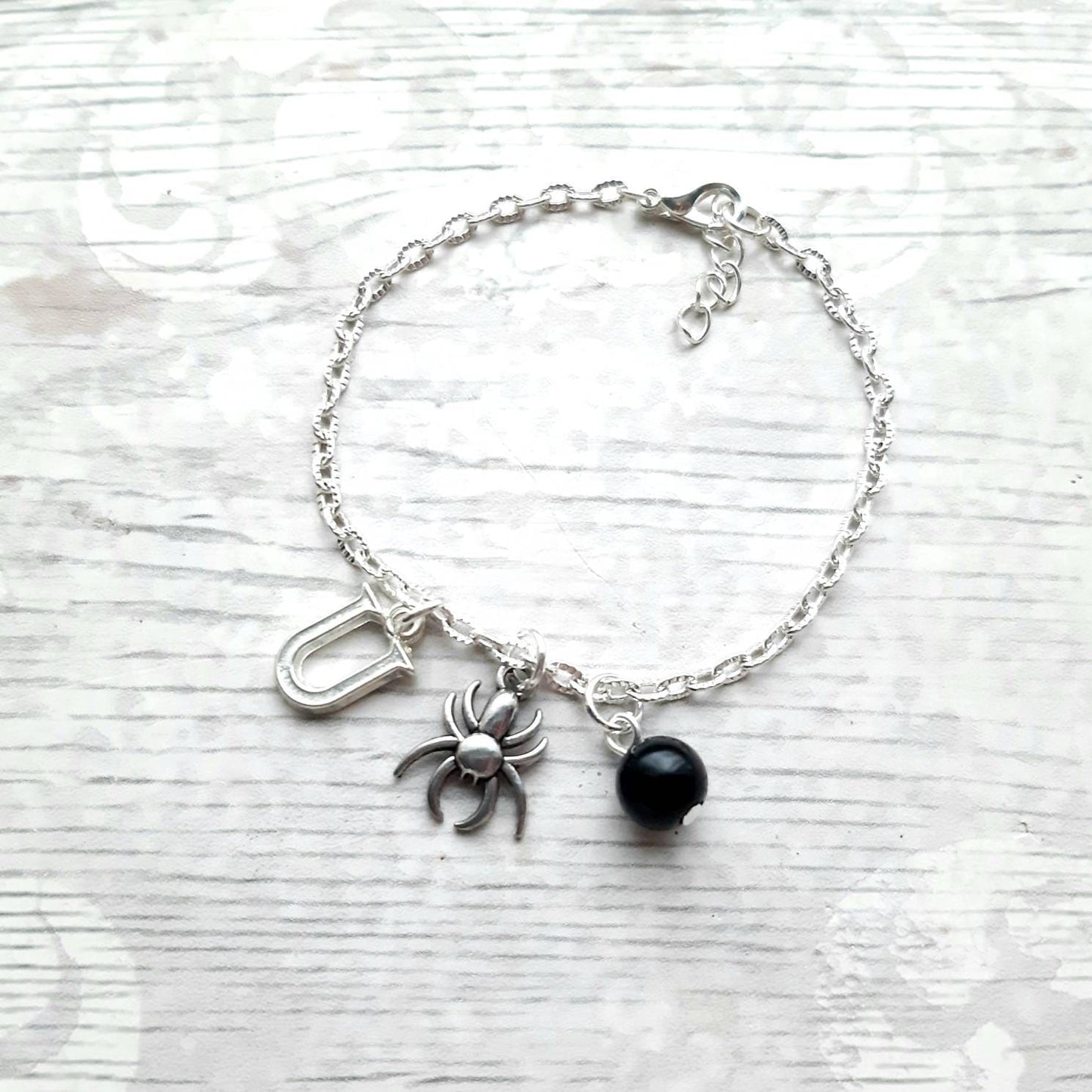 Spider bracelet, halloween jewellery, personalised initial braceler