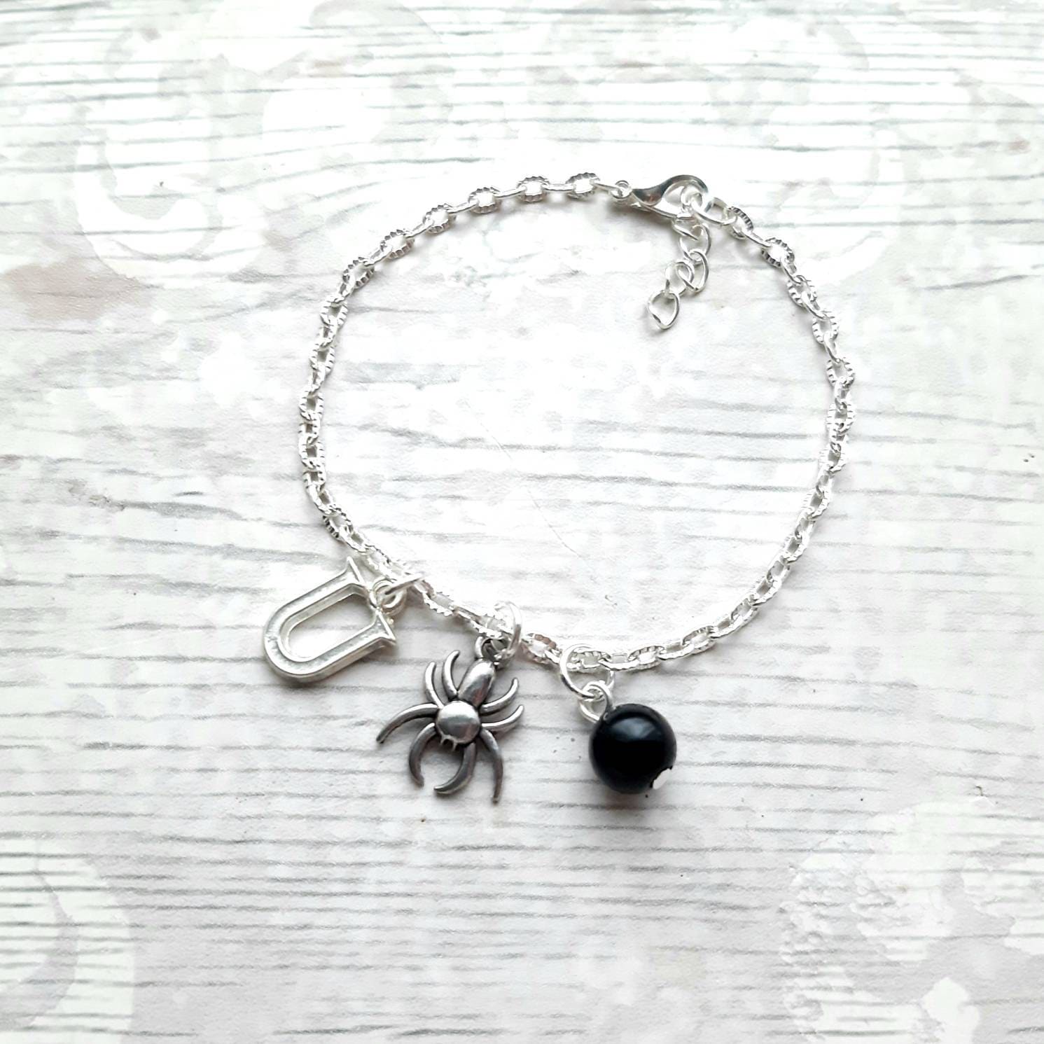Spider bracelet, halloween jewellery, personalised initial braceler