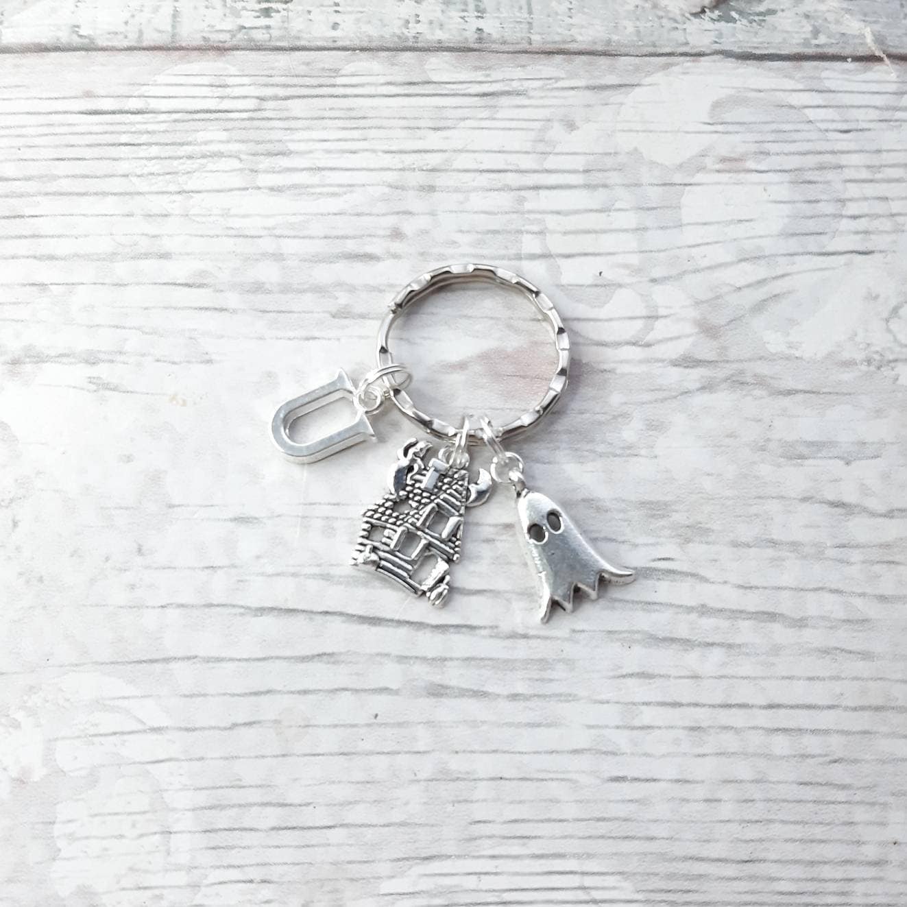 Ghost keyring, haunted house keychain, spooky mansion gift, initial keyring, personalised gift, halloween keyring