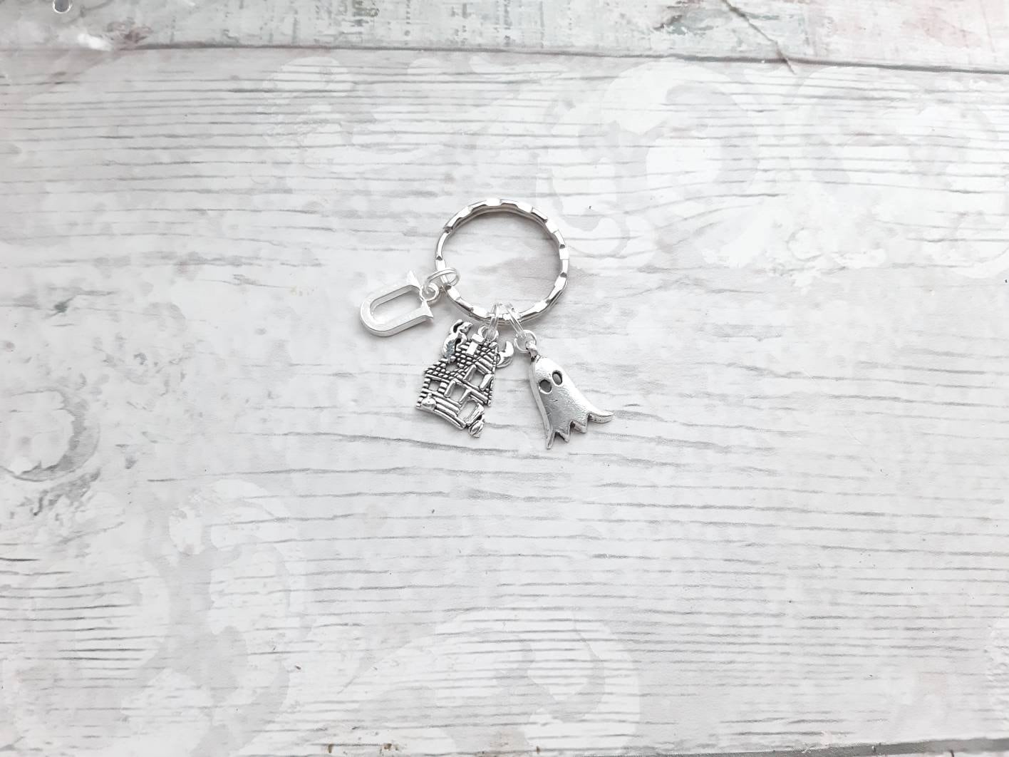 Ghost keyring, haunted house keychain, spooky mansion gift, initial keyring, personalised gift, halloween keyring