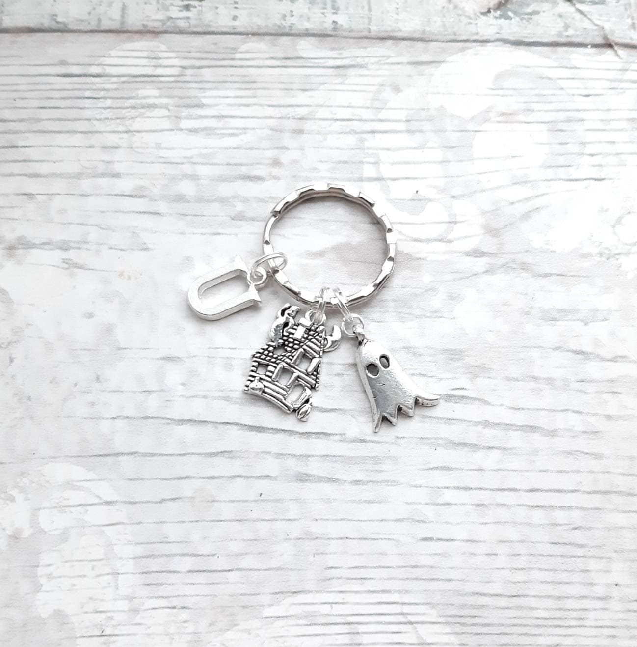 Ghost keyring, haunted house keychain, spooky mansion gift, initial keyring, personalised gift, halloween keyring