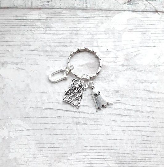 Ghost keyring, haunted house keychain, spooky mansion gift, initial keyring, personalised gift, halloween keyring