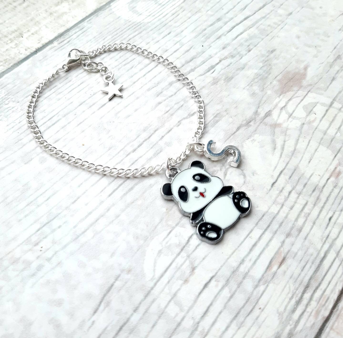 panda bracelet, personalised jewellery, personalized initial jewelry, animal bracelet, cute bear gift, panda lover present, mothers day