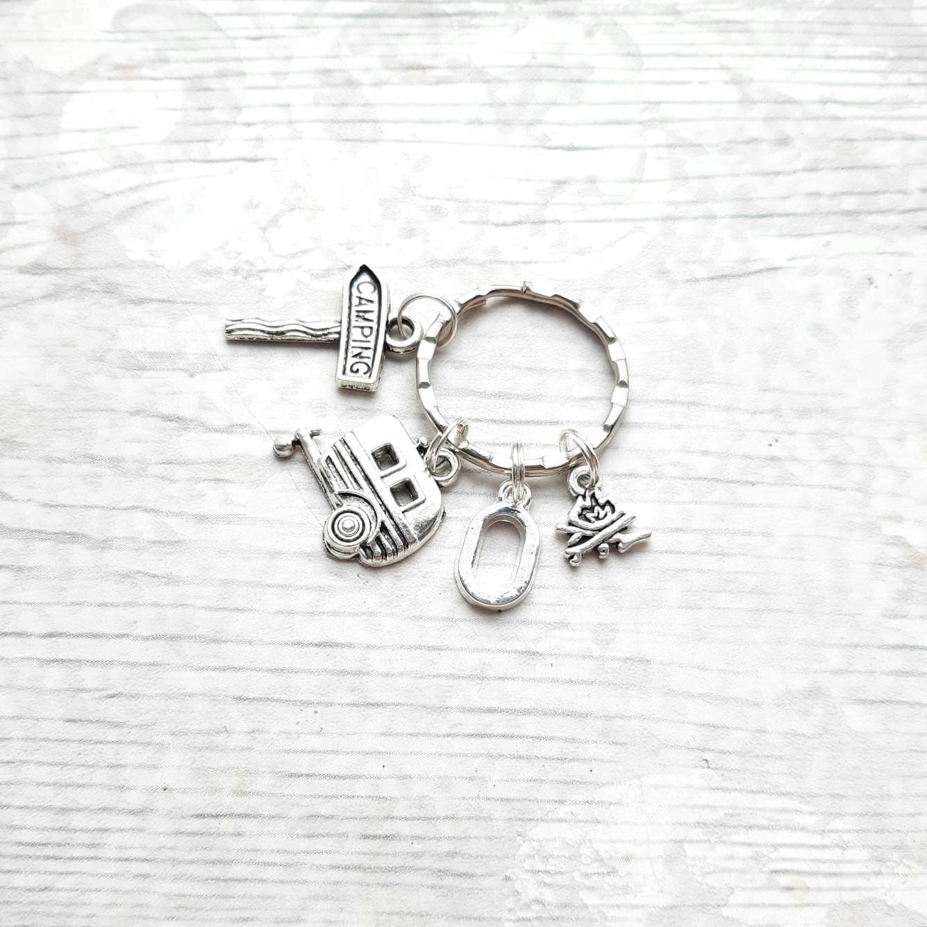 Camping trip keyring, camper van keychain, caravan gift, campfire present, family holiday keepsake